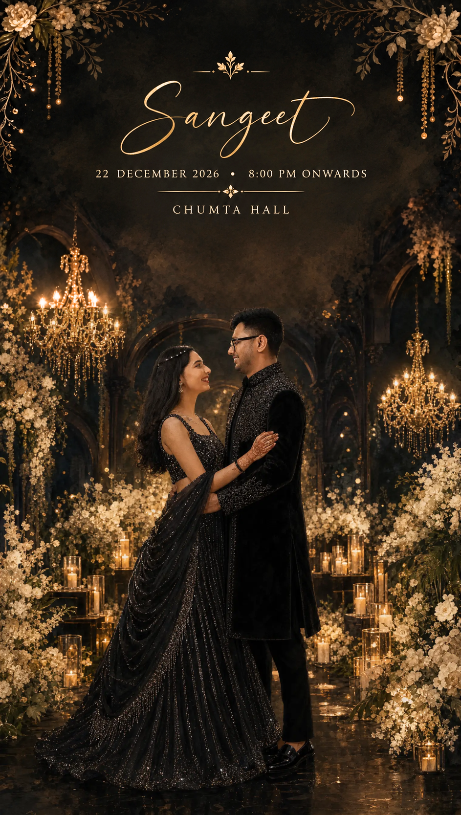 Sangeet — 22 December 2026, 8:00 PM onwards, Chumta Hall. Original invitation poster.