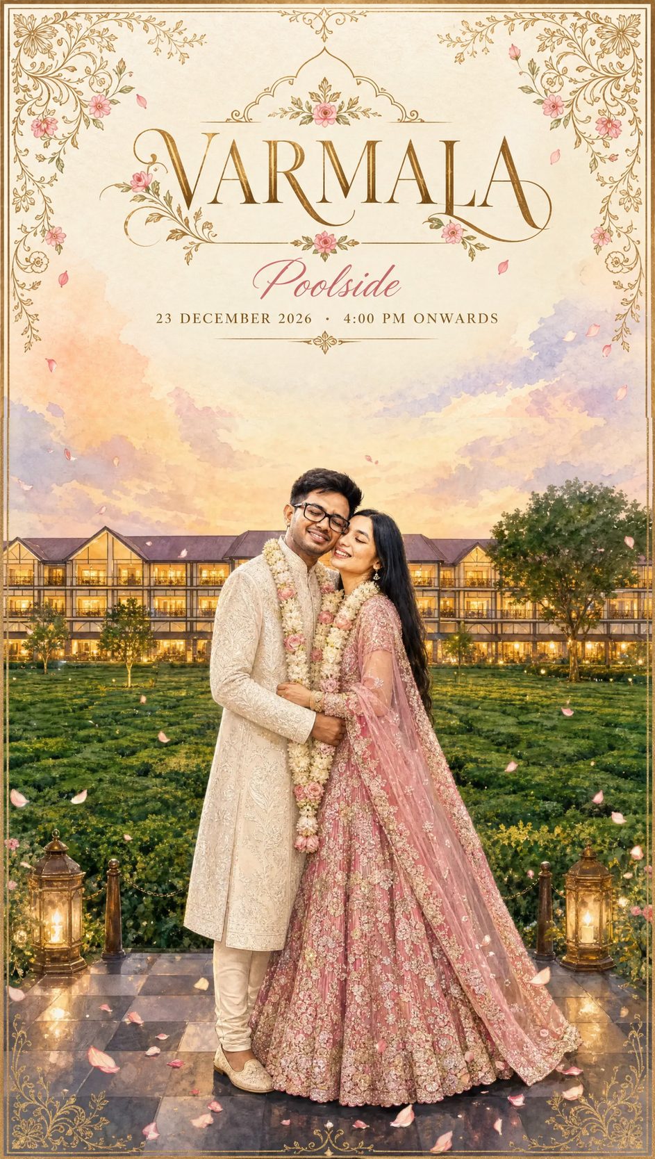 Varmala — 23 December 2026, Baraat 1:30 PM · Varmala 4:00 PM, Poolside. Original invitation poster.