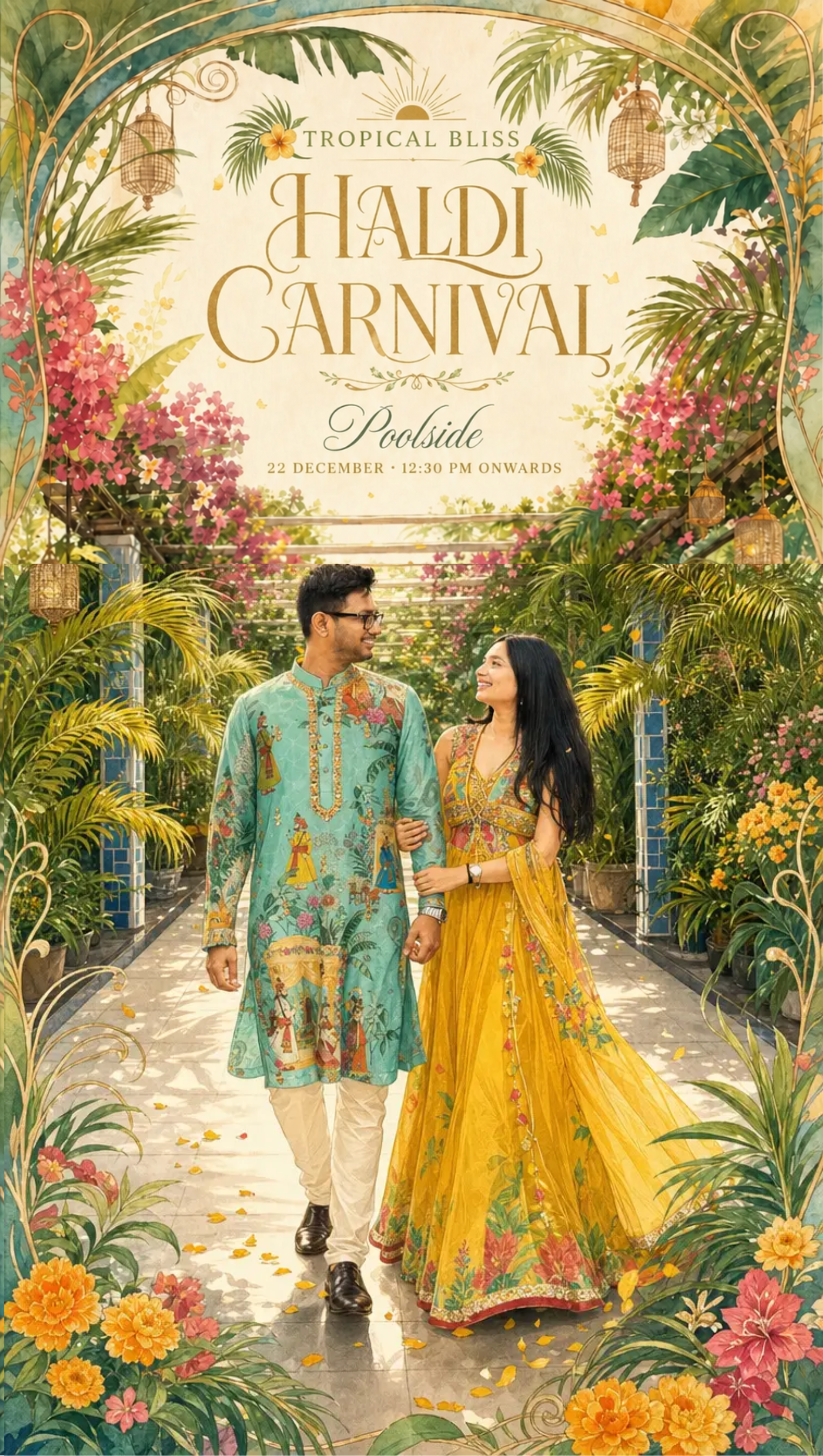 Haldi + Carnival — 22 December 2026, 12:30 PM onwards, Poolside. Original invitation poster.