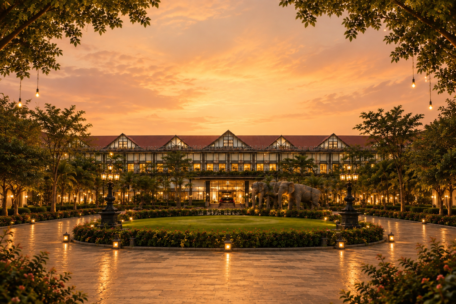 MAYFAIR Tea Resort illustrated at sunset, with its gardens, elephant sculptures and warm lights